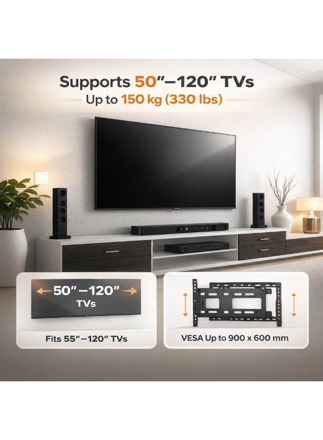 بيتيك حامل تلفزيون جداري ثابت لشاشات من 50 إلى 120 بوصة، تصميم نحيف فائق التحمل للشاشات الكبيرة جدًا، يدعم وزنًا يصل إلى 150 كجم، متوافق مع VESA حتى 900×600 مم، مسافة عن الحائط 35 مم بتصميم منخفض الارتفاع، أسود | TF-96F - Image 3